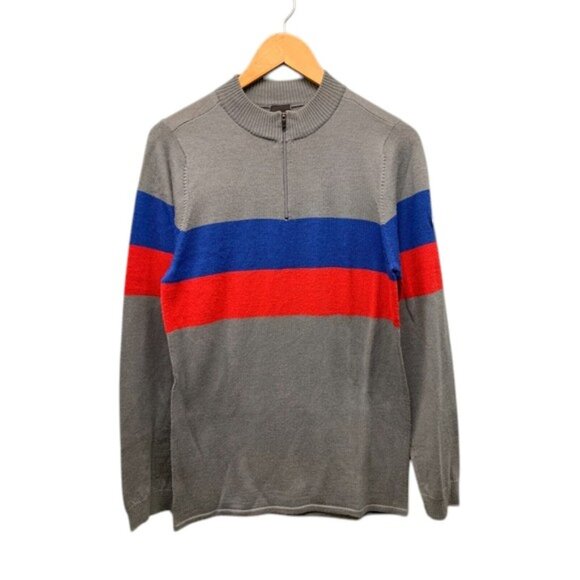 Nike Merino Wool Zip Neck Sweater Men’s M Gray Red Blue Stripe Knit Pullover VTG - Picture 1 of 12